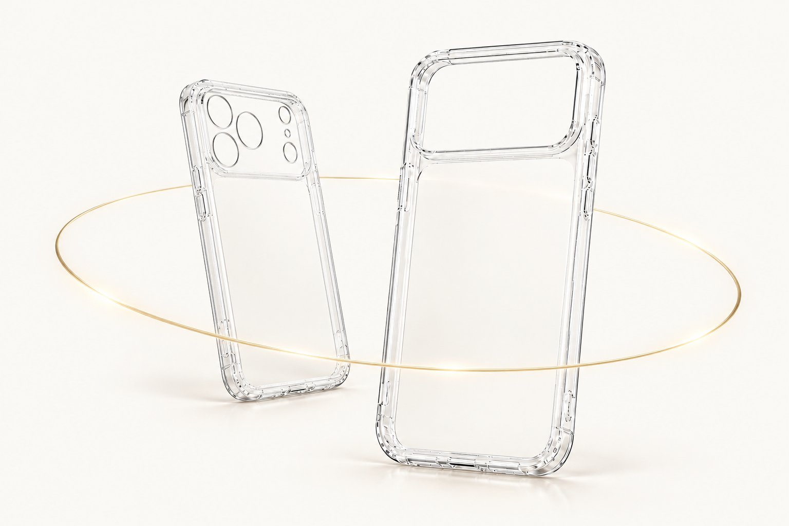 Angled precision-cutout and near-frontal large-cutout clear TPU phone cases within one light orbit