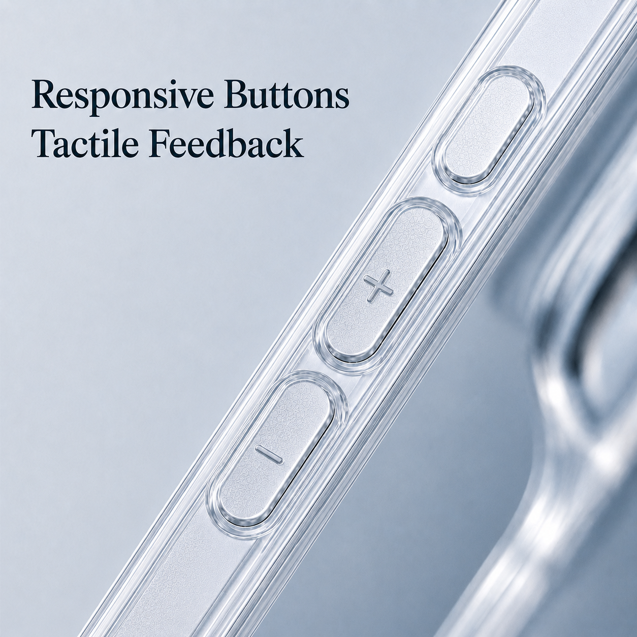 Precision-cut clear iPhone case button detail